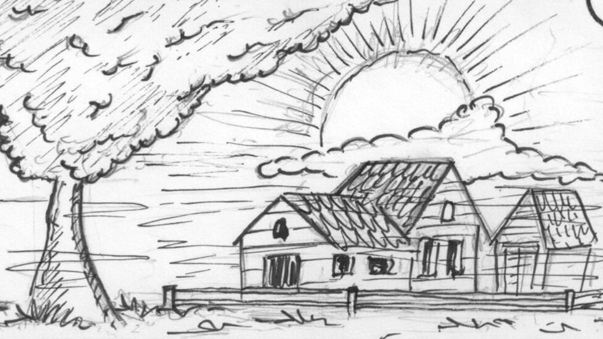 Storyboard schets van de zon die achter een huis opkomt