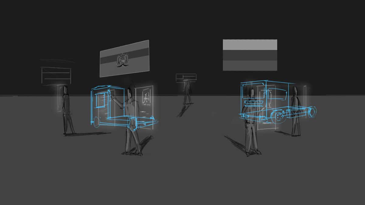 Storyboard schets waarbij medewerkers van verschillende landen de leveringen van vrachtwagens inleiden