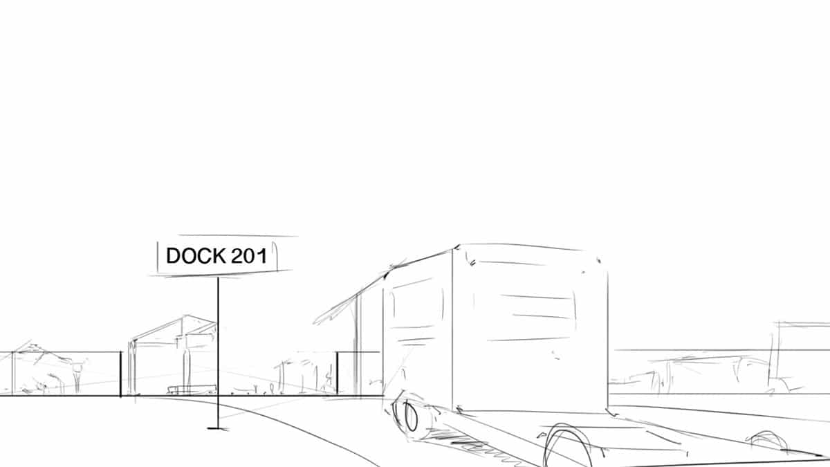 Storyboard schets van een vrachtwagen die richting dock rijdt