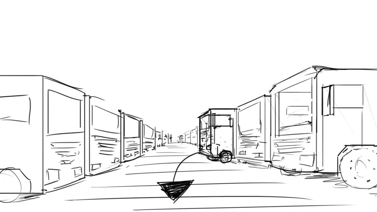 Storyboard schets van een vrachtwagen die uit een parkeervak rijdt