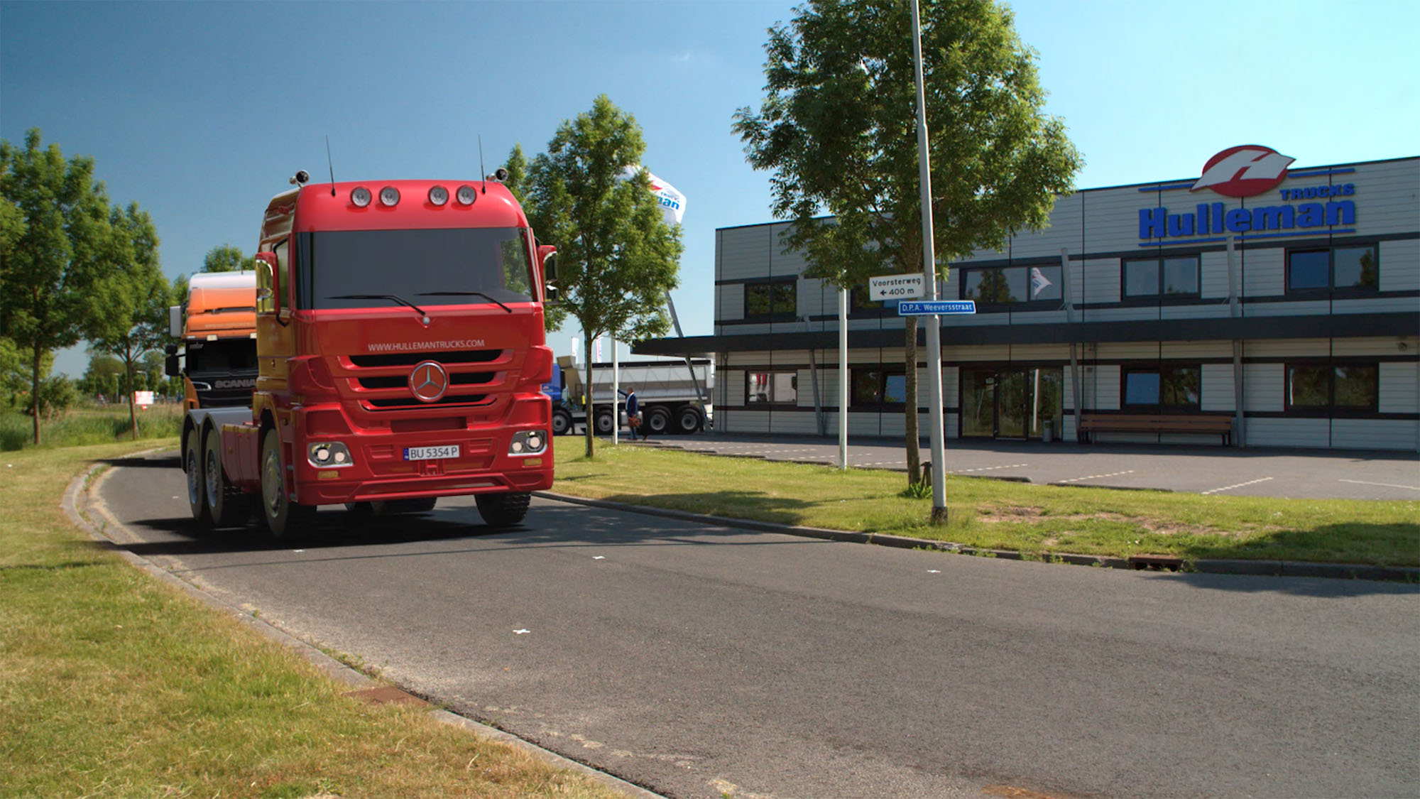 3D animatie van een vrachtwagen voor het gebouw van Hulleman Trucks