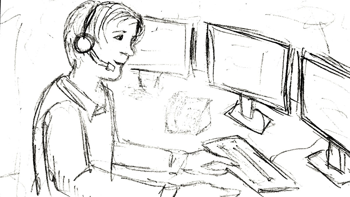 Storyboard schets van een medewerker met headset